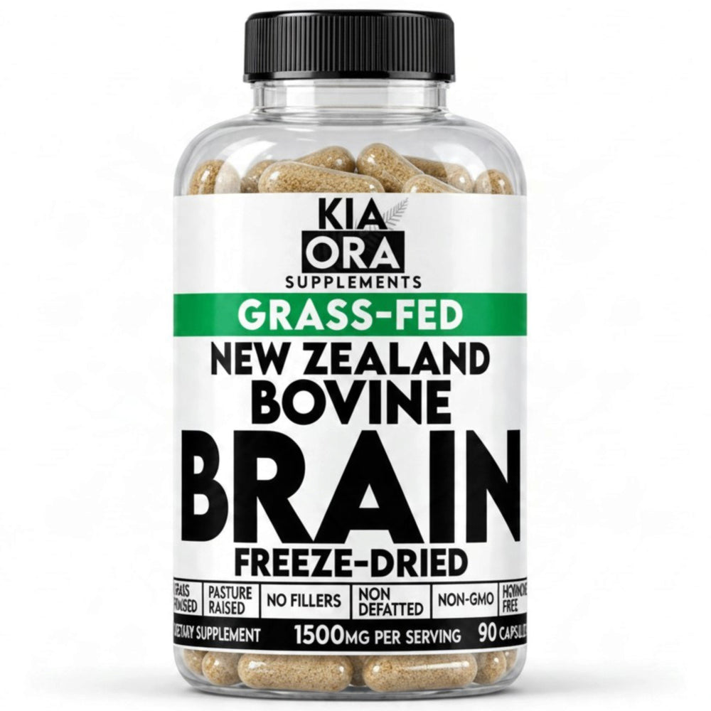 A bottle of Kia Ora Supplements New Zealand Bovine Brain Freeze-Dried capsules, featuring a white label with green and black text, a black cap, and visible capsules inside a clear plastic bottle.