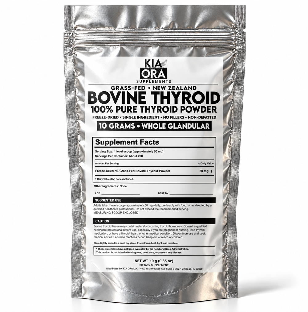 Kia Ora New Zealand grass-fed freeze-dried bovine thyroid powder 10 gram pouch front label showing single ingredient pure glandular specs.