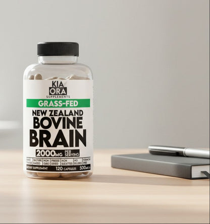 Kia Ora Supplements Grass-Fed New Zealand Bovine Brain capsules for cognitive support. 120 count.