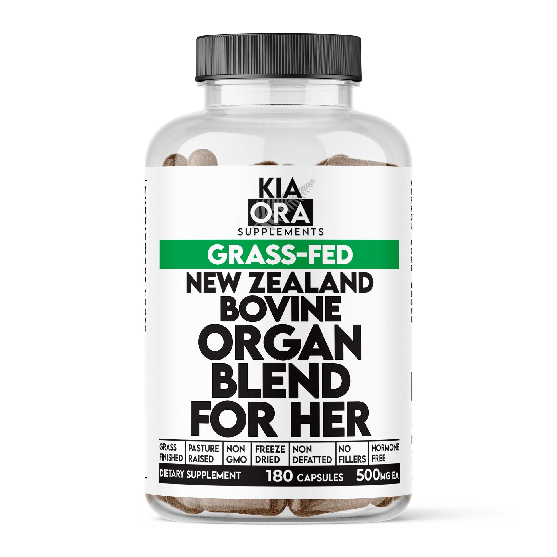 Supplement bottle labeled 'Kia Ora Supplements' with text about grass-fed New Zealand bovine organ blend for women.