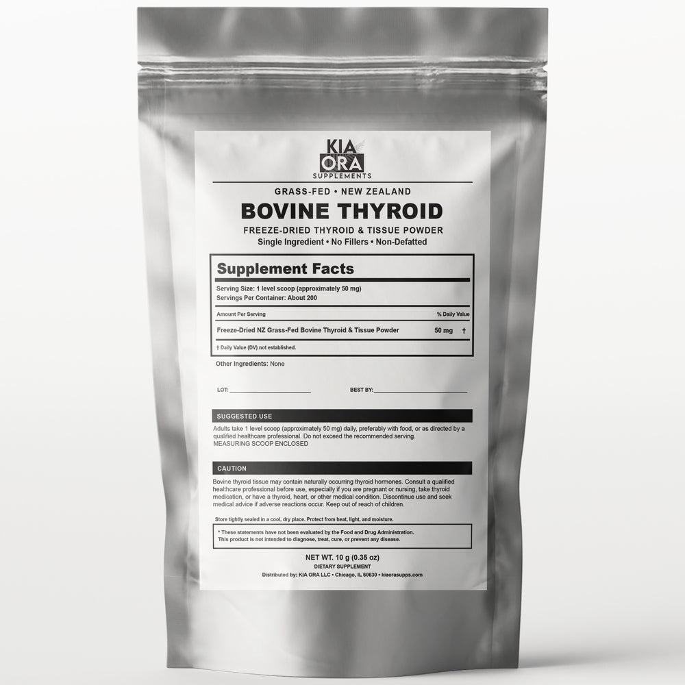 A silver stand-up pouch of Kia Ora Supplements Bovine Thyroid Freeze-Dried Thyroid & Tissue Powder, shown on a clean white background.
