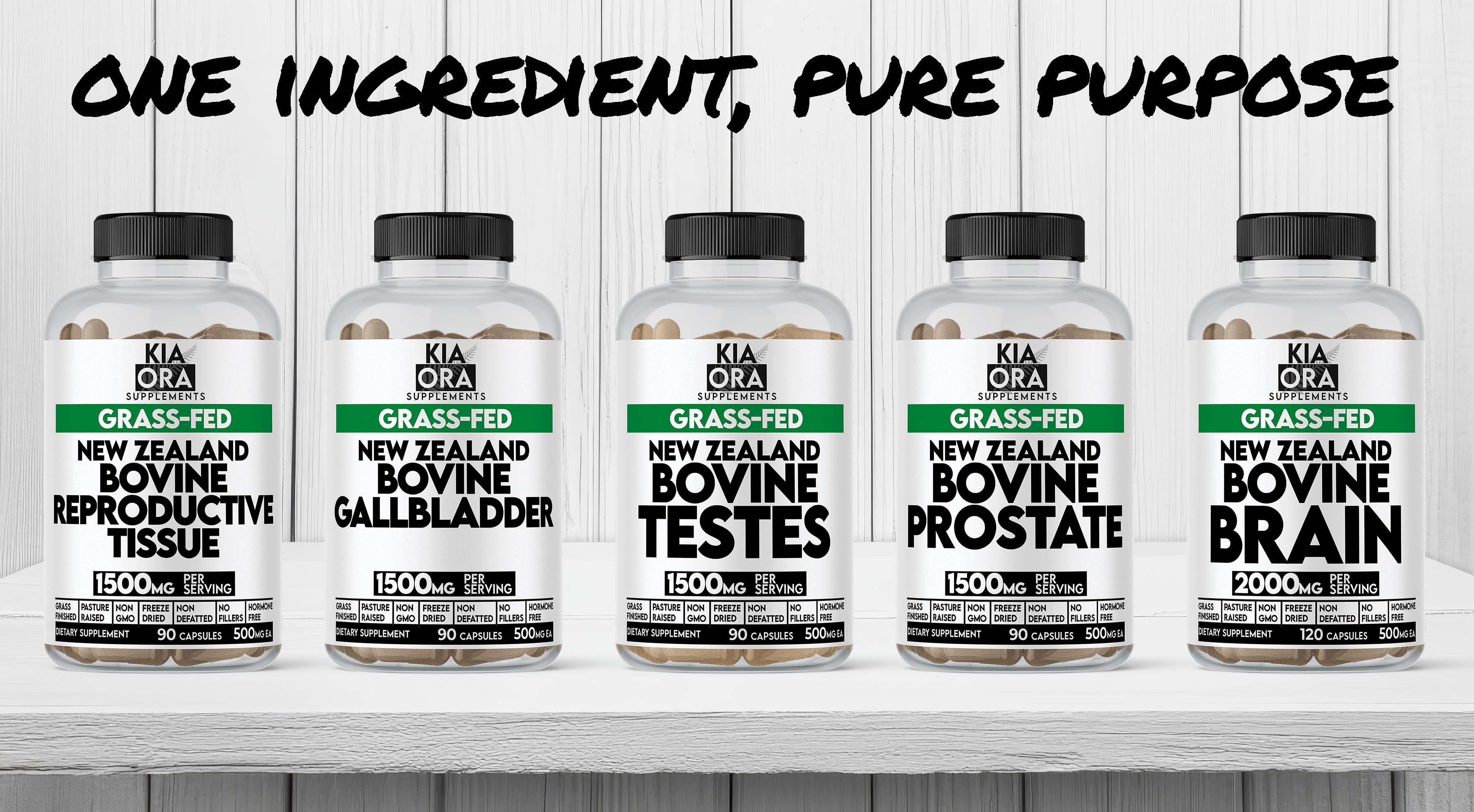 Five bottles of Kia Ora supplements on a wooden surface with text 'One Ingredient, Pure Purpose'.