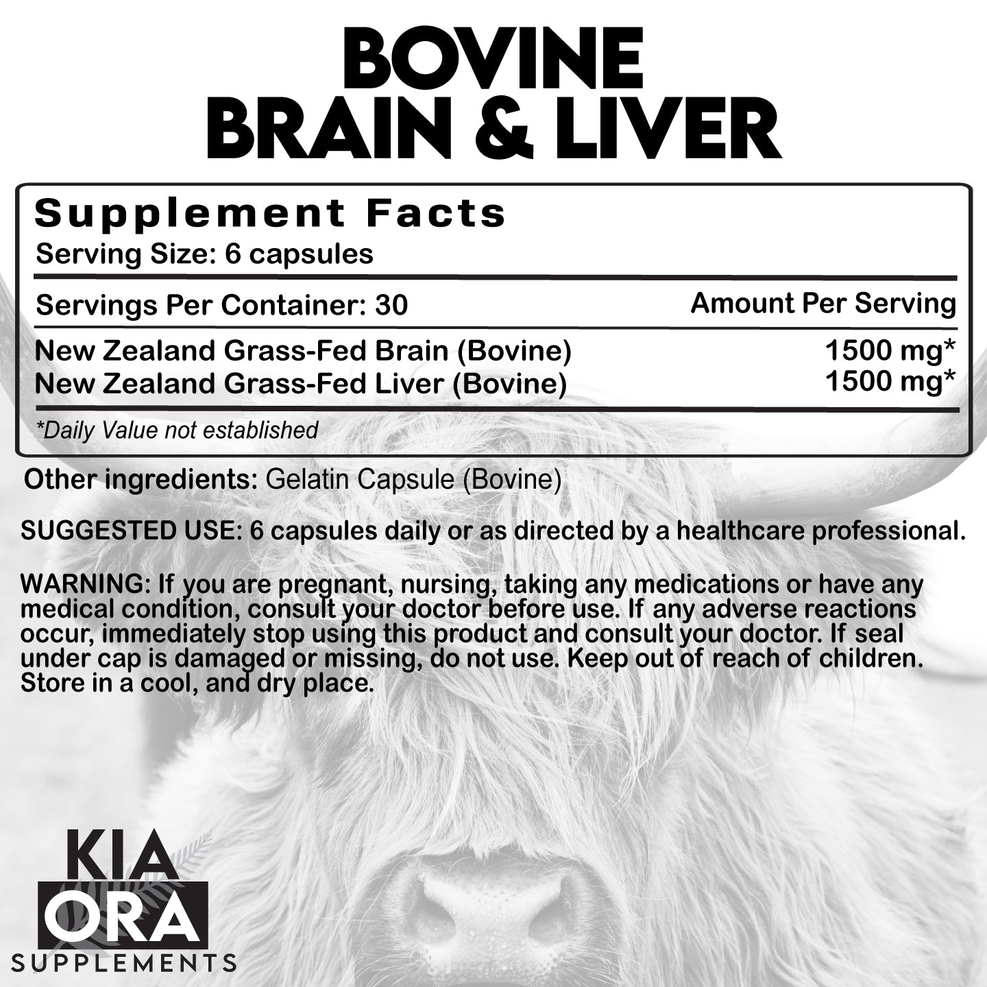 Supplement label for bovine brain and liver with a cow's face in the background