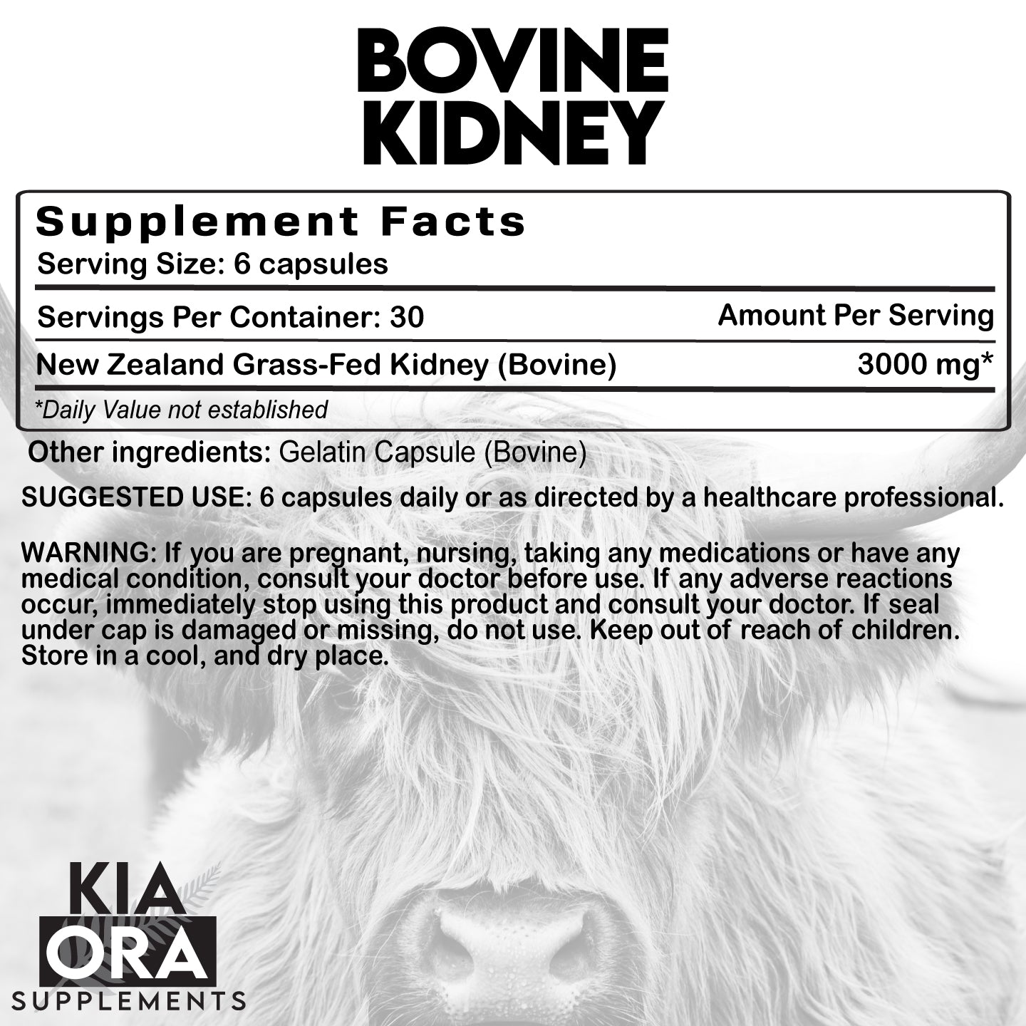 Supplement label for bovine kidney with a cow's face in the background, featuring Kia Ora Supplements branding.