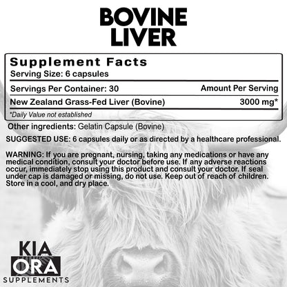 Grass-Fed Bovine Liver – Nutrient-Dense Organ Supplement | Natural Source of Vitamin A, B12, Iron & Energy Support. 180ct