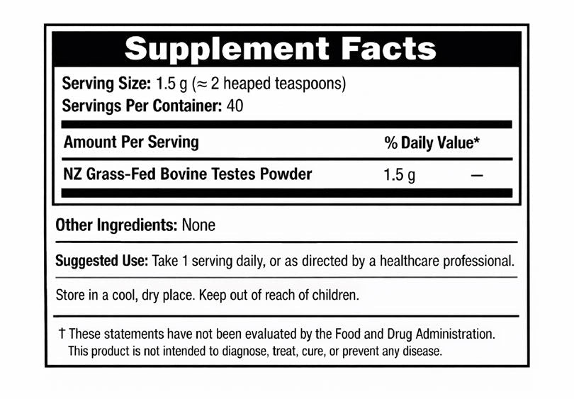 Supplement facts label for NZ Grass-Fed Bovine Testes Powder on a white background