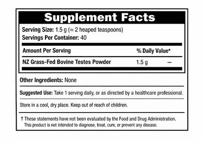Supplement facts label for NZ Grass-Fed Bovine Testes Powder on a white background