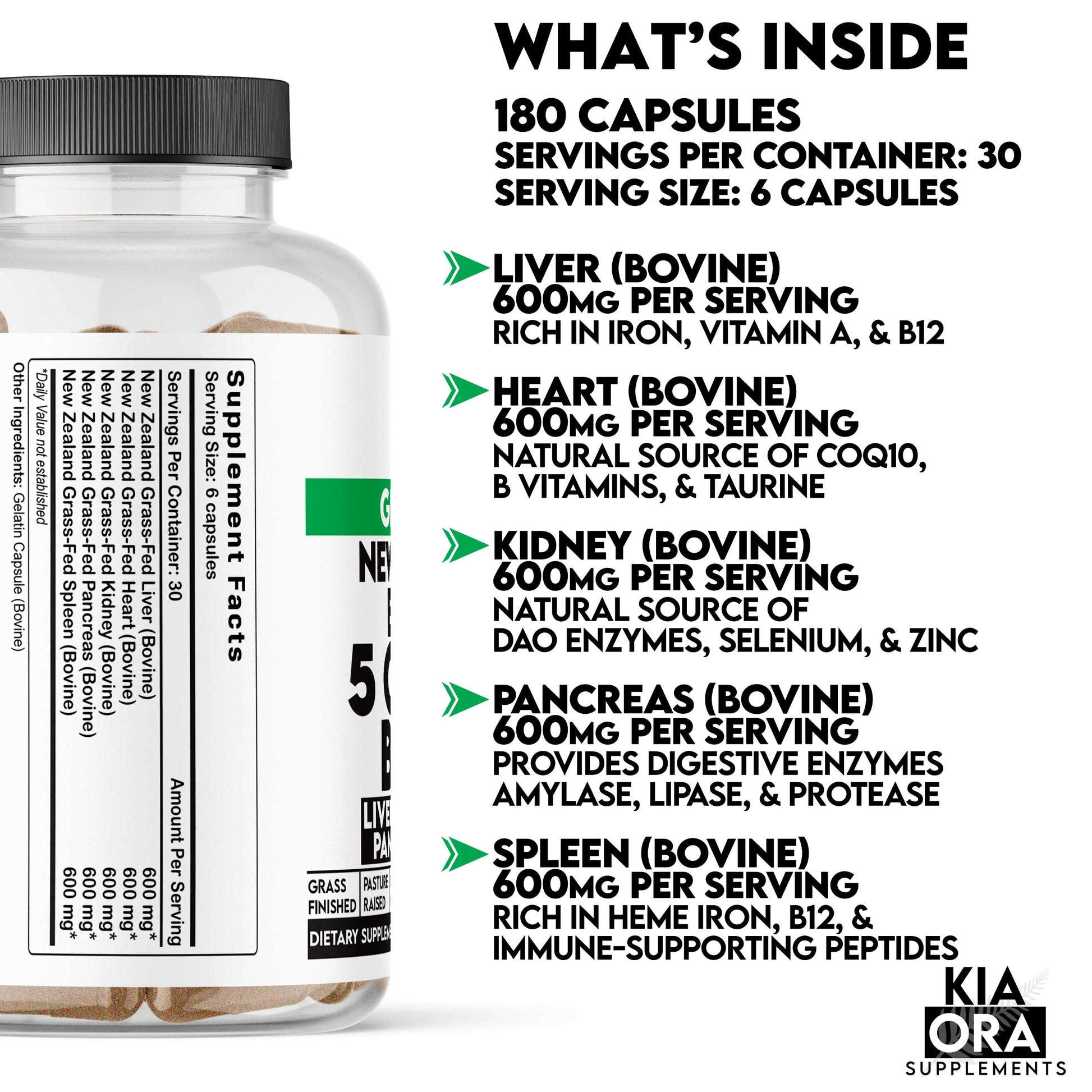 bovine organ complex Supplement bottle with label and text detailing contents and benefits on a white background