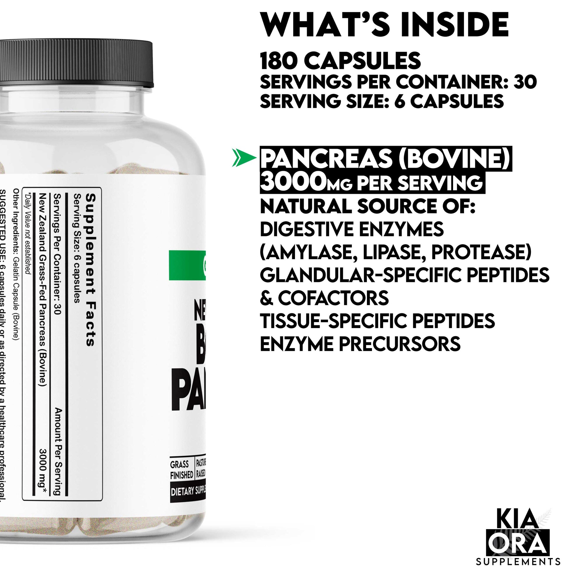Supplement bottle with label detailing contents and branding for bovine pancreas