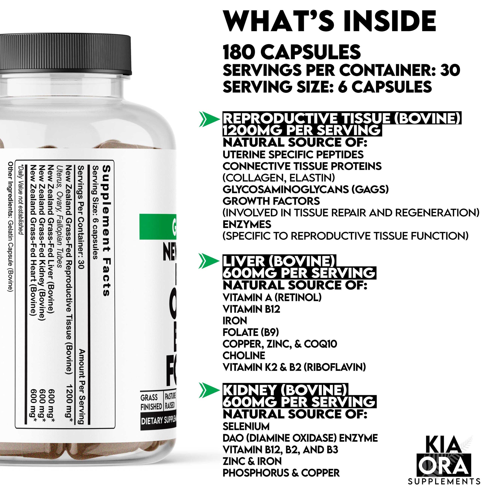 Supplement bottle with label detailing contents and benefits on a white background