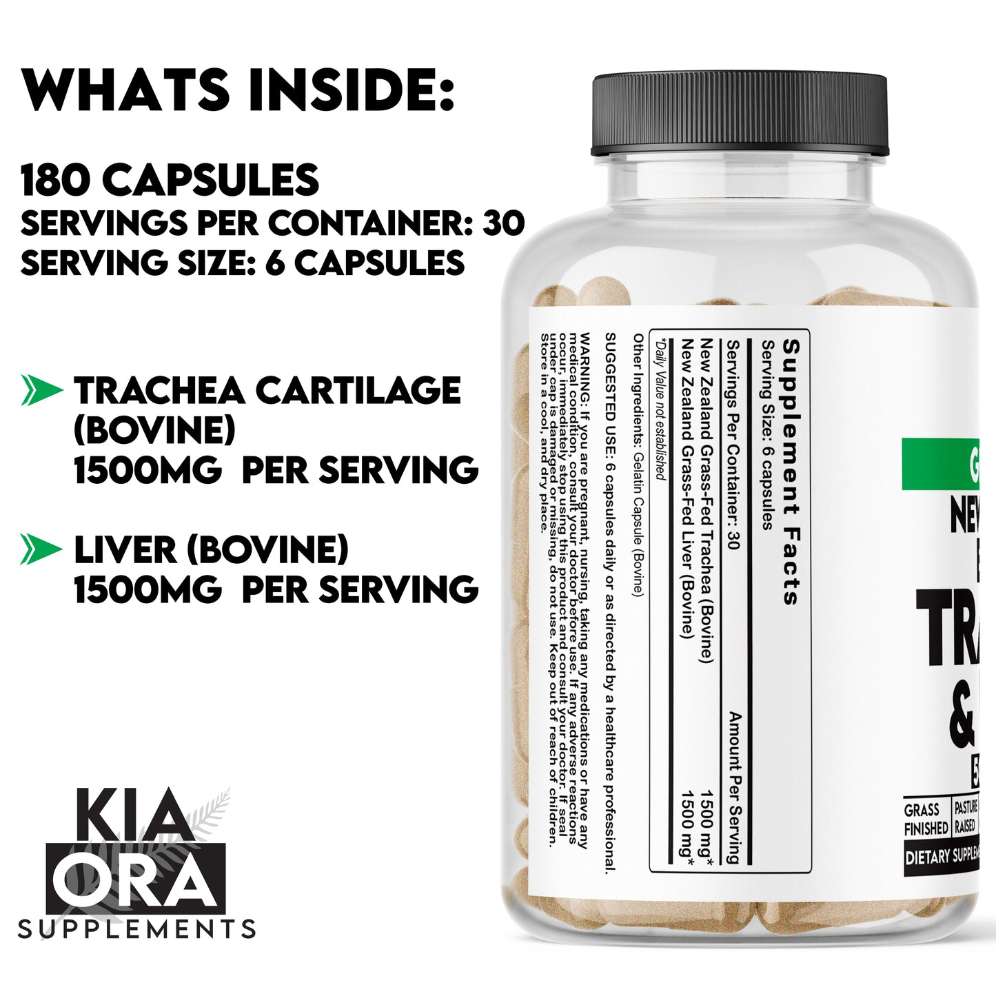 bovine trachea Supplement bottle with label detailing contents and branding